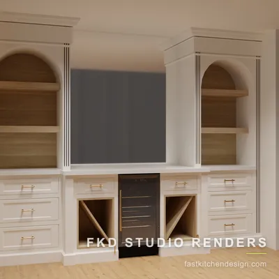 2020 Flex media wall design with cream shaker cabinets, twin arched oak niches, brass pulls, and a wine fridge, designed in 2020 Flex by Fast Kitchen Design.
