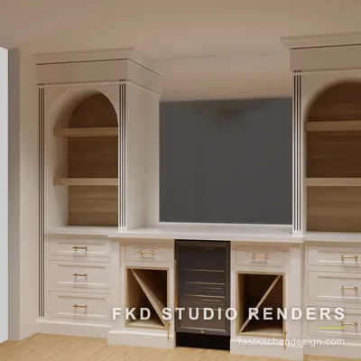 Cream 2020 Flex media wall seen from an angled view, with an arched oak niche, fluted pilasters, and a glass-front wine fridge between angled wine cubbies.