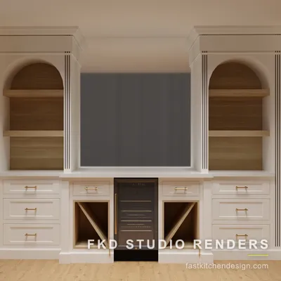 Symmetrical front view of a 2020 Flex media wall with cream raised-panel drawers, brass bar pulls, twin arched oak niches, and a centered TV recess.
