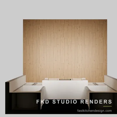 2020 Flex media center floor plan showing the cabinet run layout, oak-paneled back wall, and the wine fridge base against a white countertop.