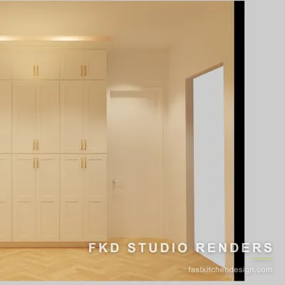 2020 Flex mudroom design with floor-to-ceiling cream shaker lockers, brass bar pulls, and herringbone floor, designed in 2020 Flex by Fast Kitchen Design.