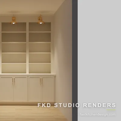 2020 Flex office design with cream shaker built-in cabinets, brass pulls, open bookshelves, and barn sconces, designed in 2020 Flex by Fast Kitchen Design.