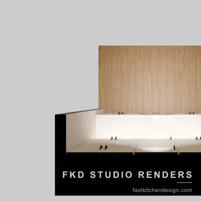 2020 Flex bar floor plan showing the cream shaker cabinet run, white marble countertop, and oak plank back wall layout.