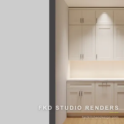2020 Flex wet bar design with cream shaker cabinets, white marble counter, and bronze pulls, designed in 2020 Flex by Fast Kitchen Design.
