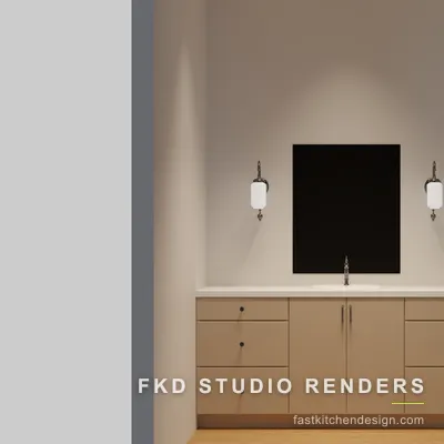 2020 Flex powder bath design with cream slab-front vanity, white quartz top, black mirror, and chrome sconces, designed in 2020 Flex by Fast Kitchen Design.