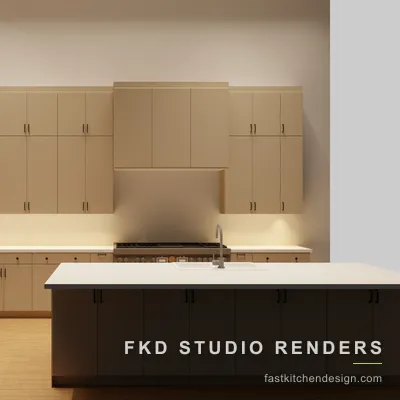2020 Flex kitchen design with cream slab cabinets and a charcoal island topped in white quartz, designed in 2020 Flex by Fast Kitchen Design.