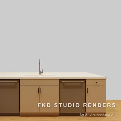 Charcoal island in a 2020 Flex kitchen design, with a white quartz top, integrated sink, and two panel-front dishwashers flanking the cabinets.