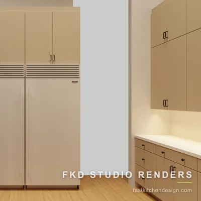 Close-up of the cream panel-front built-in refrigerator column and louvered vents in a 2020 Flex kitchen design with slab cabinets.
