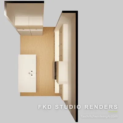 2020 Flex kitchen floor plan showing the galley layout, charcoal center island, cooktop run, and perimeter cream cabinets.