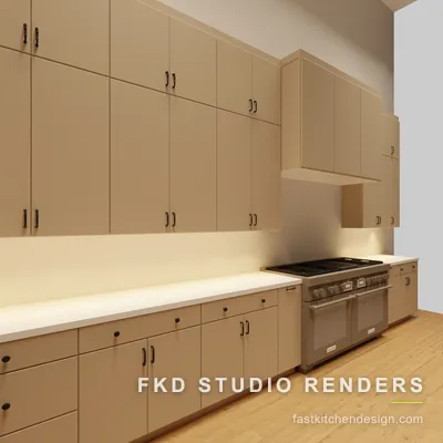 Cream slab 2020 Flex kitchen design seen down the range wall, with a stainless double oven, white quartz counters, and under-cabinet lighting.
