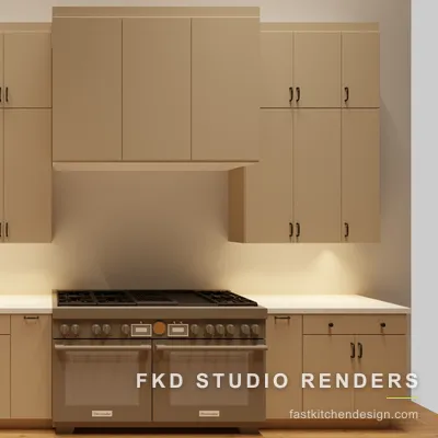 2020 Flex kitchen elevation drawing of the range wall, with dimensioned cream slab cabinets, a Thermador double range, and a hood cabinet.