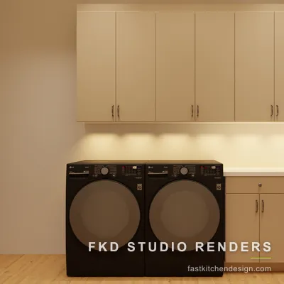 2020 Flex laundry room design with cream slab cabinets, white quartz counters, and black LG washer and dryer, designed in 2020 Flex by Fast Kitchen Design.
