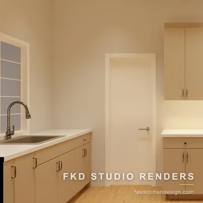 2020 Flex laundry room angle showing a tall cream storage cabinet, folding counter, and pull-down faucet at the corner sink.