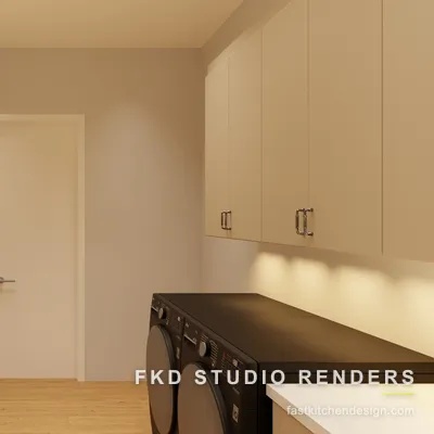 Galley 2020 Flex laundry room view with cream cabinets on both walls and black LG units beneath a dark folding counter.
