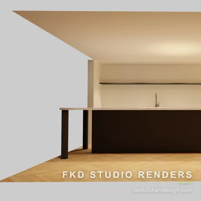 2020 Flex dry bar design with dark slab cabinets, a marble-look island table, and a floating shelf, designed in 2020 Flex by Fast Kitchen Design.