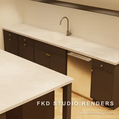 Dark slab 2020 Flex dry bar seen from above, with brass knob hardware, a single-bowl sink, integrated dishwasher, and a marble island top.