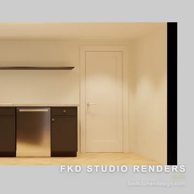 2020 Flex bar elevation of the sink wall, with dark base cabinets, brass knobs, a stainless dishwasher, and a long dark floating shelf.