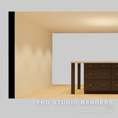 2020 Flex bar elevation drawing of the island, showing nine dark slab drawers with brass knobs on slim legs and a stone top.