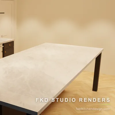Close-up of the marble-look waterfall island and dark slab base in a 2020 Flex dry bar by Fast Kitchen Design.