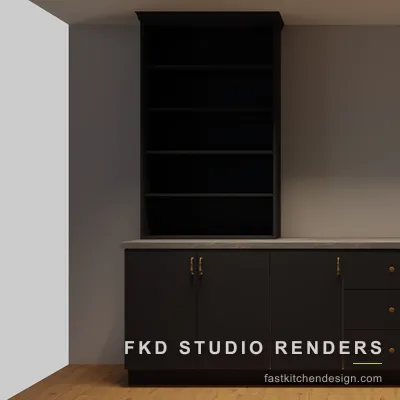 2020 Flex home office design with black slab credenza, brass pulls, and tall open bookcases, designed in 2020 Flex by Fast Kitchen Design.
