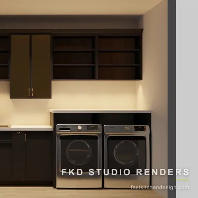 2020 Flex laundry room design with dark slab cabinets, brass mesh-glass uppers, and a quartz counter, designed in 2020 Flex by Fast Kitchen Design.