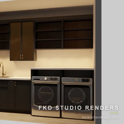 Dark cabinet 2020 Flex laundry room seen from an angled view, with brass mesh-glass doors, open shelving, and a stainless washer and dryer.