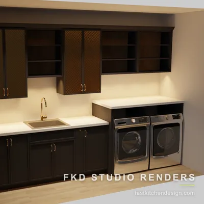 Angled 2020 Flex laundry room view showing the tall cabinet, brass gooseneck faucet, open shelves, and the washer-dryer counter ledge.