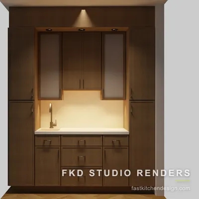 2020 Flex kitchen design with a dark walnut coffee station, frosted glass uppers, and a quartz bar sink, designed in 2020 Flex by Fast Kitchen Design.