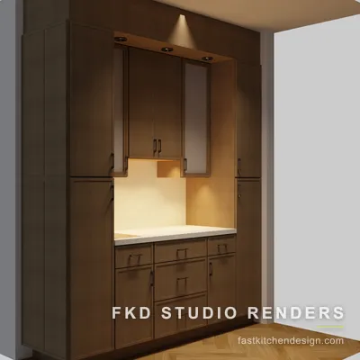Dark walnut 2020 Flex coffee station seen from the left angle, with tall pantry cabinets, a recessed niche, and bronze bar pulls.