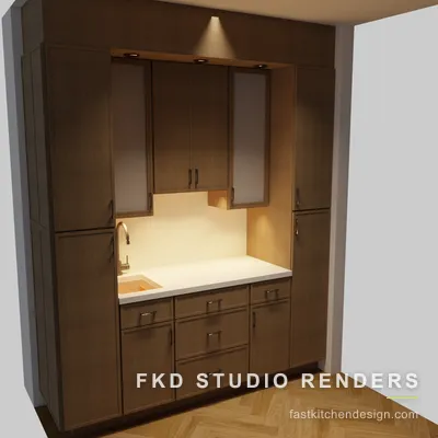Angled 2020 Flex kitchen design of the beverage niche, showing the bar sink, gooseneck faucet, and frosted glass-front upper cabinets.
