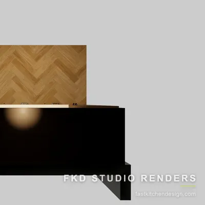 2020 Flex kitchen floor plan showing the dark walnut coffee station run, bar sink placement, and herringbone wood flooring layout.