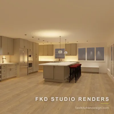 2020 Flex kitchen design with greige shaker cabinets, a marble waterfall island, and a window banquette, designed in 2020 Flex by Fast Kitchen Design.