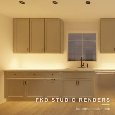Greige shaker 2020 Flex kitchen design seen along the sink wall, with a marble counter, white subway tile, and a window banquette seat.