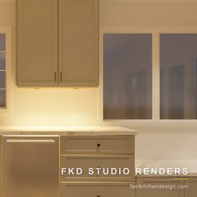 Close-up of the gridded window and bronze bridge faucet over a marble sink run in a 2020 Flex kitchen design by Fast Kitchen Design.