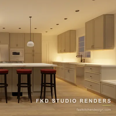 2020 Flex kitchen design viewed head-on at the marble island, with four red bar stools, glass pendants, and a cooktop in the island.