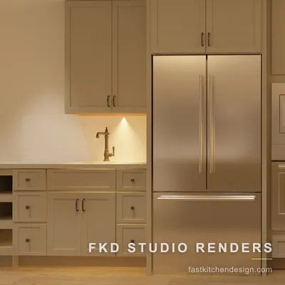 Close-up of the tall cabinet wall in a 2020 Flex kitchen design, with a stainless French-door fridge, built-in microwave, and wall oven.