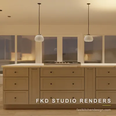 Greige 2020 Flex kitchen design from the cooktop side, showing the marble waterfall island, drawer banks, and glass pendant lights.