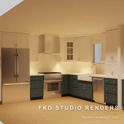 2020 Flex kitchen design with cream uppers, green shaker base cabinets, brass hardware, and a farmhouse sink, designed in 2020 Flex by Fast Kitchen Design.