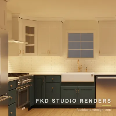 Green two-tone 2020 Flex kitchen design seen at the sink wall, with a white farmhouse apron sink, brass faucet, and white subway tile backsplash.