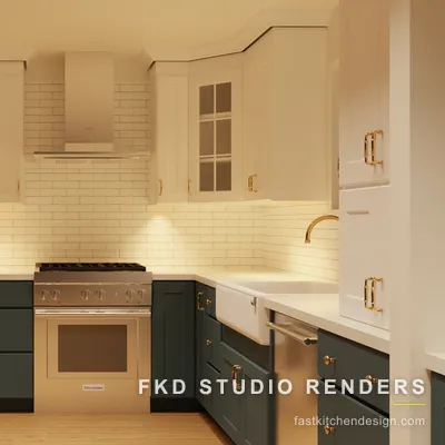 Two-tone 2020 Flex kitchen design from the range wall, with a pro gas range, stainless French-door fridge, and a glass-front cream cabinet.