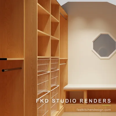 2020 Flex walk-in closet design with maple cabinetry, white wire pull-out baskets, a bench, and open shelving, designed in 2020 Flex by Fast Kitchen Design.