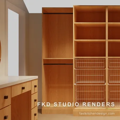 Maple 2020 Flex walk-in closet seen head-on, with tall hanging wardrobes, adjustable shelves, and twin columns of white wire pull-out baskets.