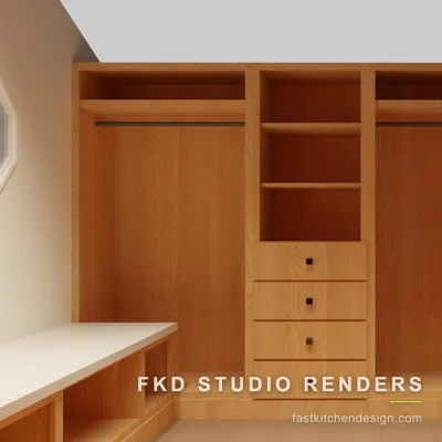 Wide 2020 Flex walk-in closet view of the wood storage wall, with hanging rods, a shoe-shelf column, and a bank of square-knob drawers.