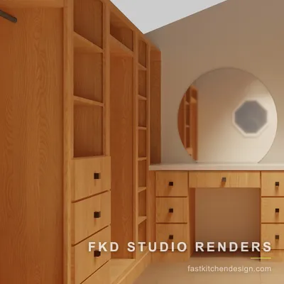 2020 Flex walk-in closet vanity in maple, with an arched mirror, square-knob drawers, and white wire baskets beside the doorway.