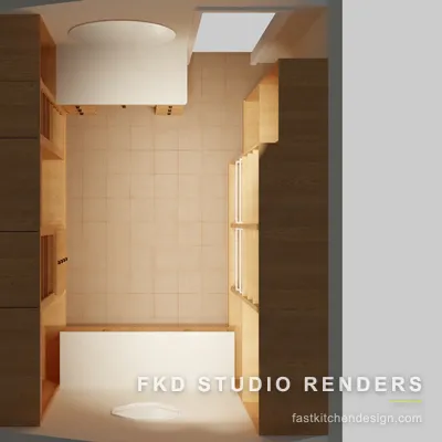 2020 Flex closet floor plan showing the U-shaped maple cabinet layout with perimeter shelving, wire baskets, and a bench.