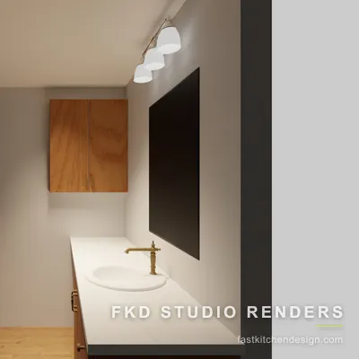 2020 Flex primary bath design with a warm oak floating vanity, white quartz counter, and brass faucet, designed in 2020 Flex by Fast Kitchen Design.