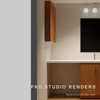 Oak 2020 Flex bath design seen head-on, with slab vanity doors, brass pulls, a black mirror, and a chrome triple-light sconce.