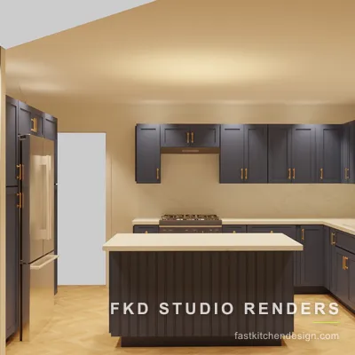 2020 Flex kitchen design with navy shaker cabinets, a fluted quartz-top island, and brass pulls, designed in 2020 Flex by Fast Kitchen Design.
