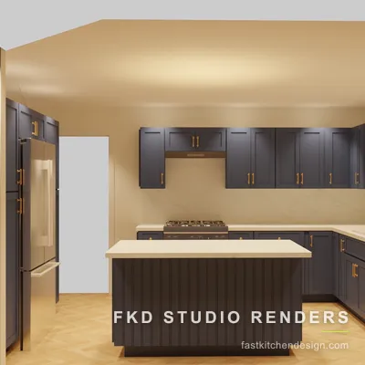 Navy shaker 2020 Flex kitchen design seen wide, with a quartz waterfall island, marble backsplash, and gas range, designed in 2020 Flex.
