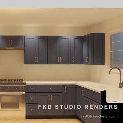 2020 Flex kitchen design viewed from the range wall, with navy shaker cabinets, slim glass-door uppers, and a marble slab backsplash.